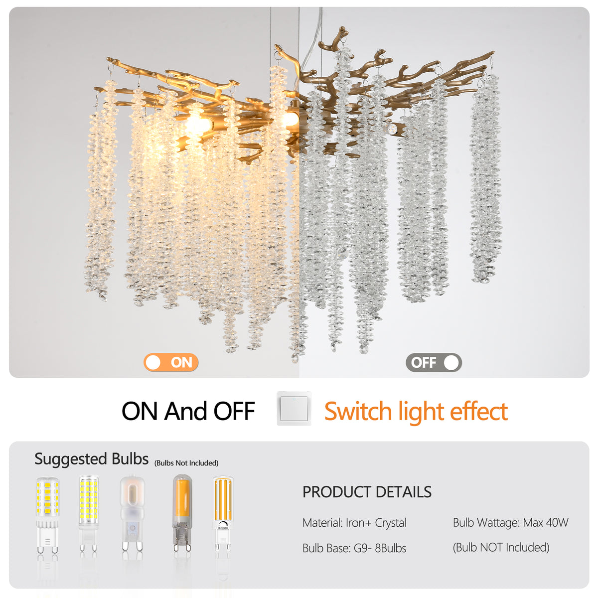 Square gold chandelier with cascading crystal strands, view 9