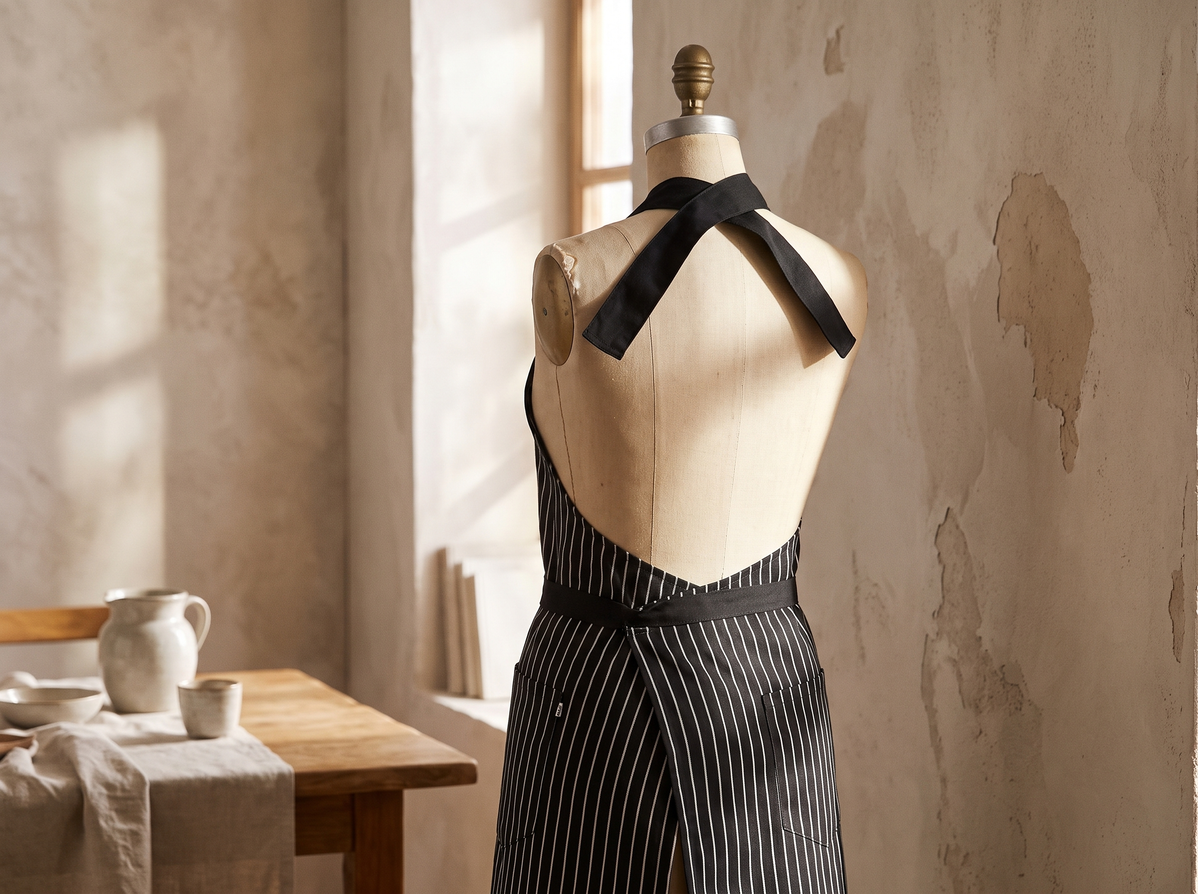 Halter apron shown from behind showing the wide neck loop against a plaster wall