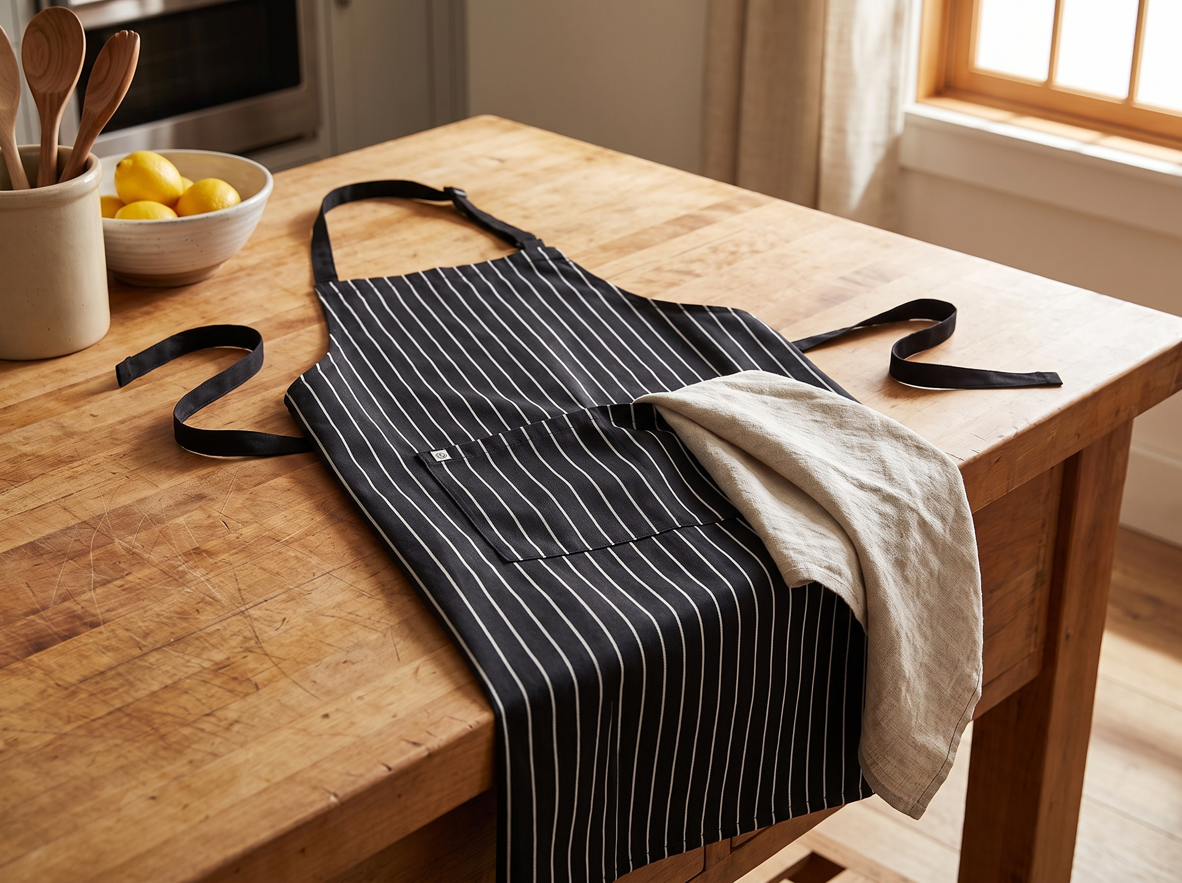 Cooking halter apron with a kitchen towel tucked into the front pocket on a butcher block counter