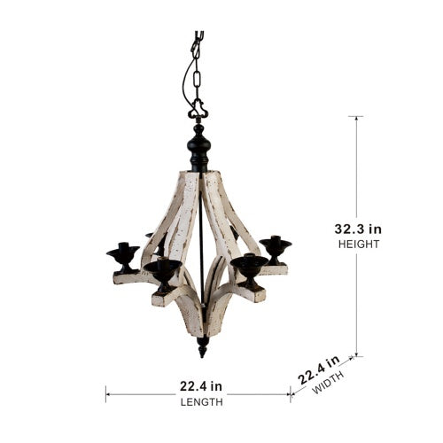 Cream distressed wood six-light chandelier, view 9