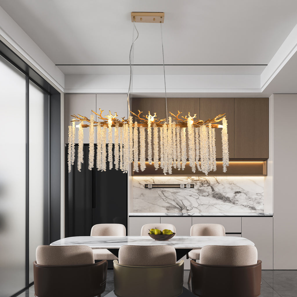 Gold rectangular chandelier with cascading crystal strands, view 7