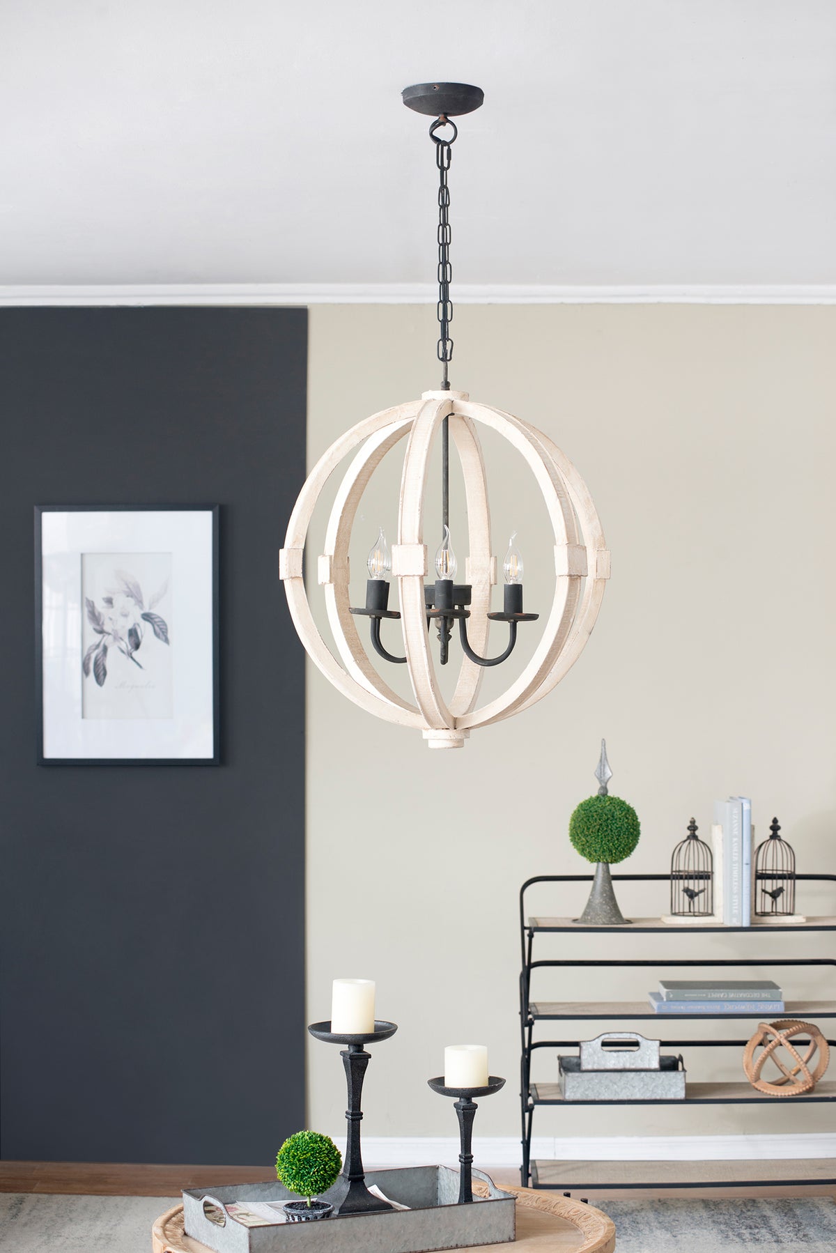 White distressed wood six-light chandelier with iron accents, view 6