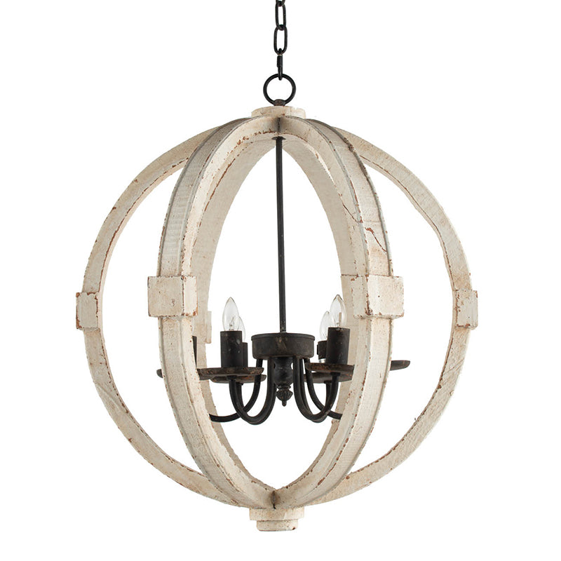 White distressed wood six-light chandelier with iron accents, view 3