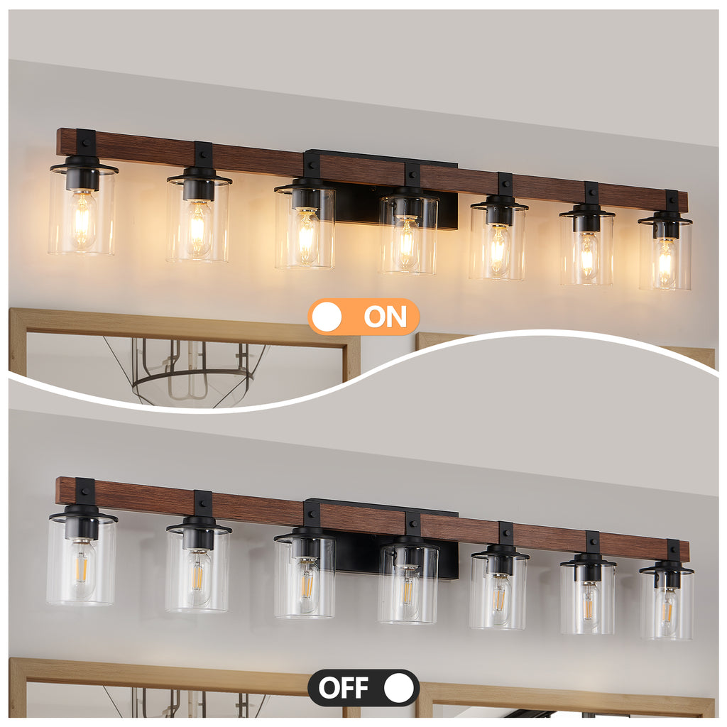 Wide seven-light black and wood bathroom vanity sconce with glass shades, view 5