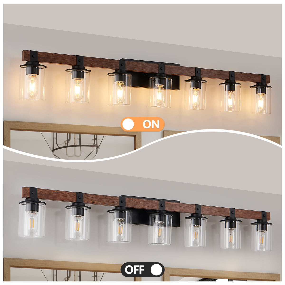 Wide seven-light black and wood bathroom vanity sconce with glass shades, view 5