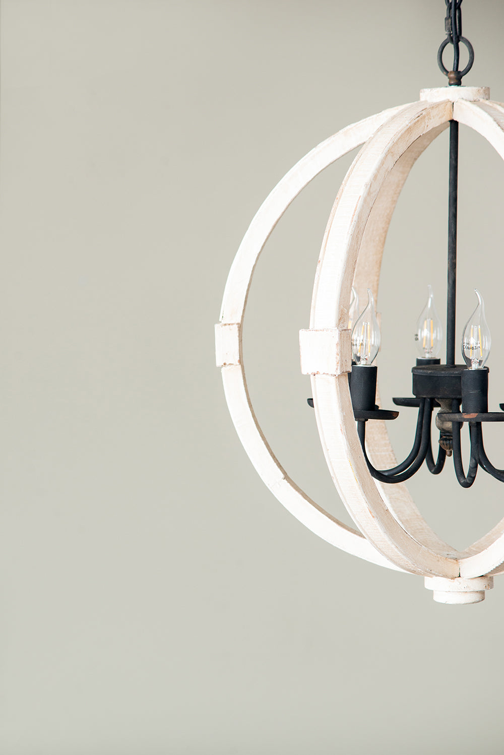 White distressed wood six-light chandelier with iron accents, view 5