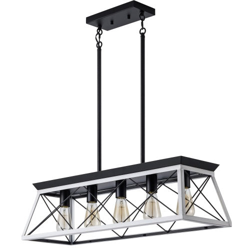 White and black five-light farmhouse chandelier over a dining table, view 3