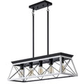 White and black five-light farmhouse chandelier over a dining table, view 3