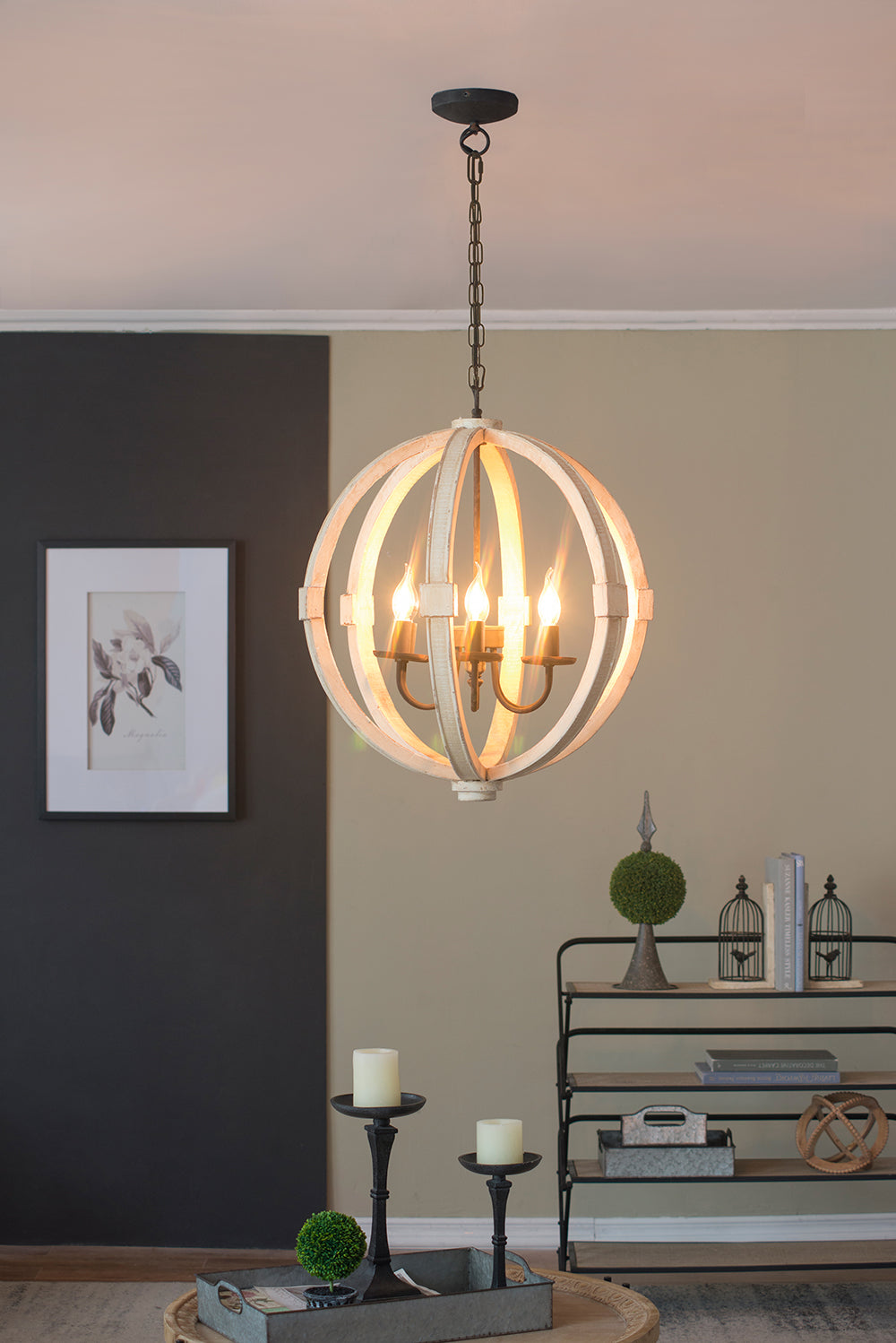 White distressed wood six-light chandelier with iron accents