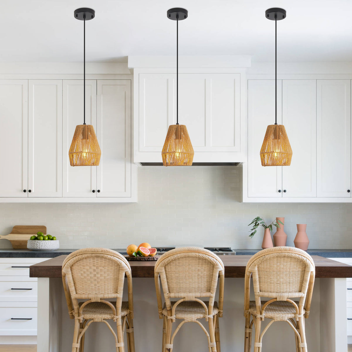Set of three woven hemp rope pendant lights over a table, view 7