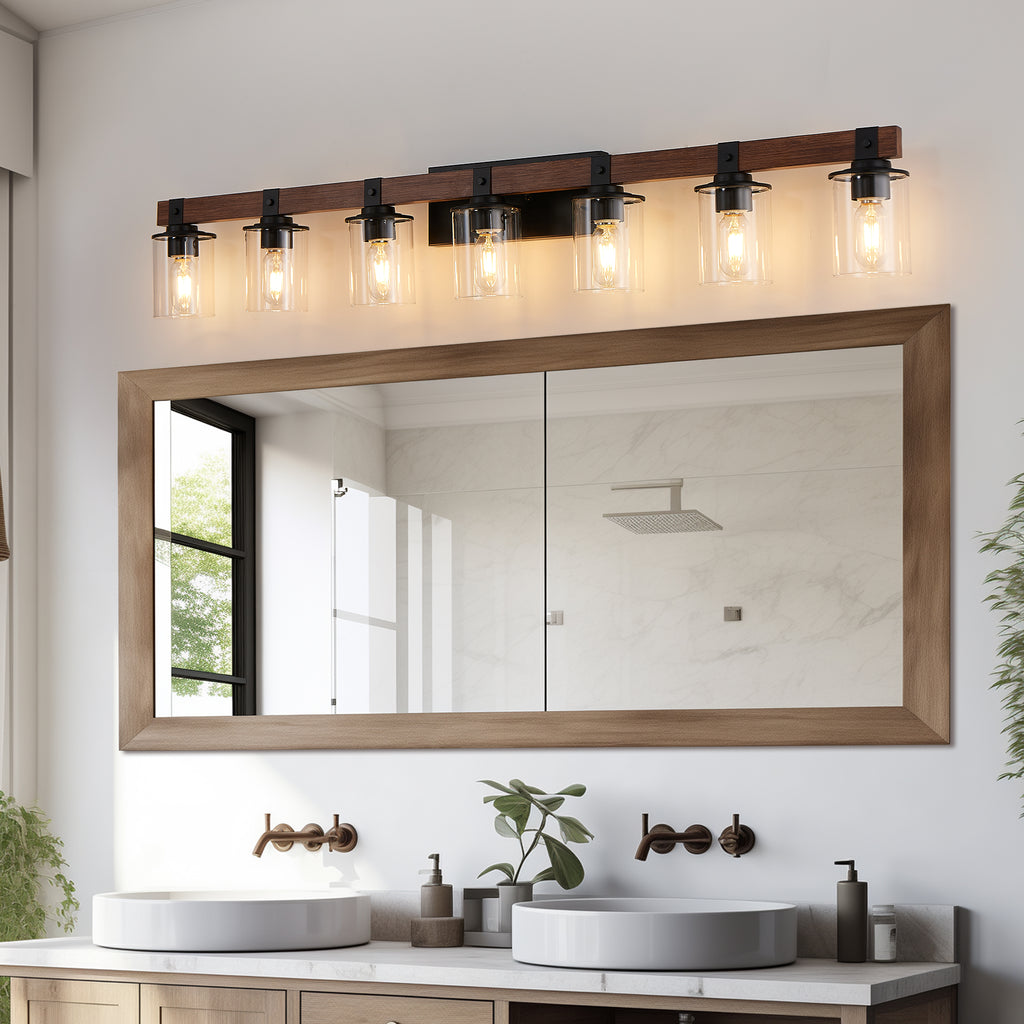 Wide seven-light black and wood bathroom vanity sconce with glass shades, view 2