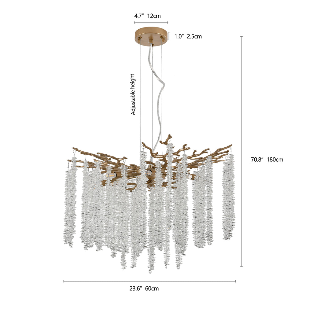 Square gold chandelier with cascading crystal strands, view 7