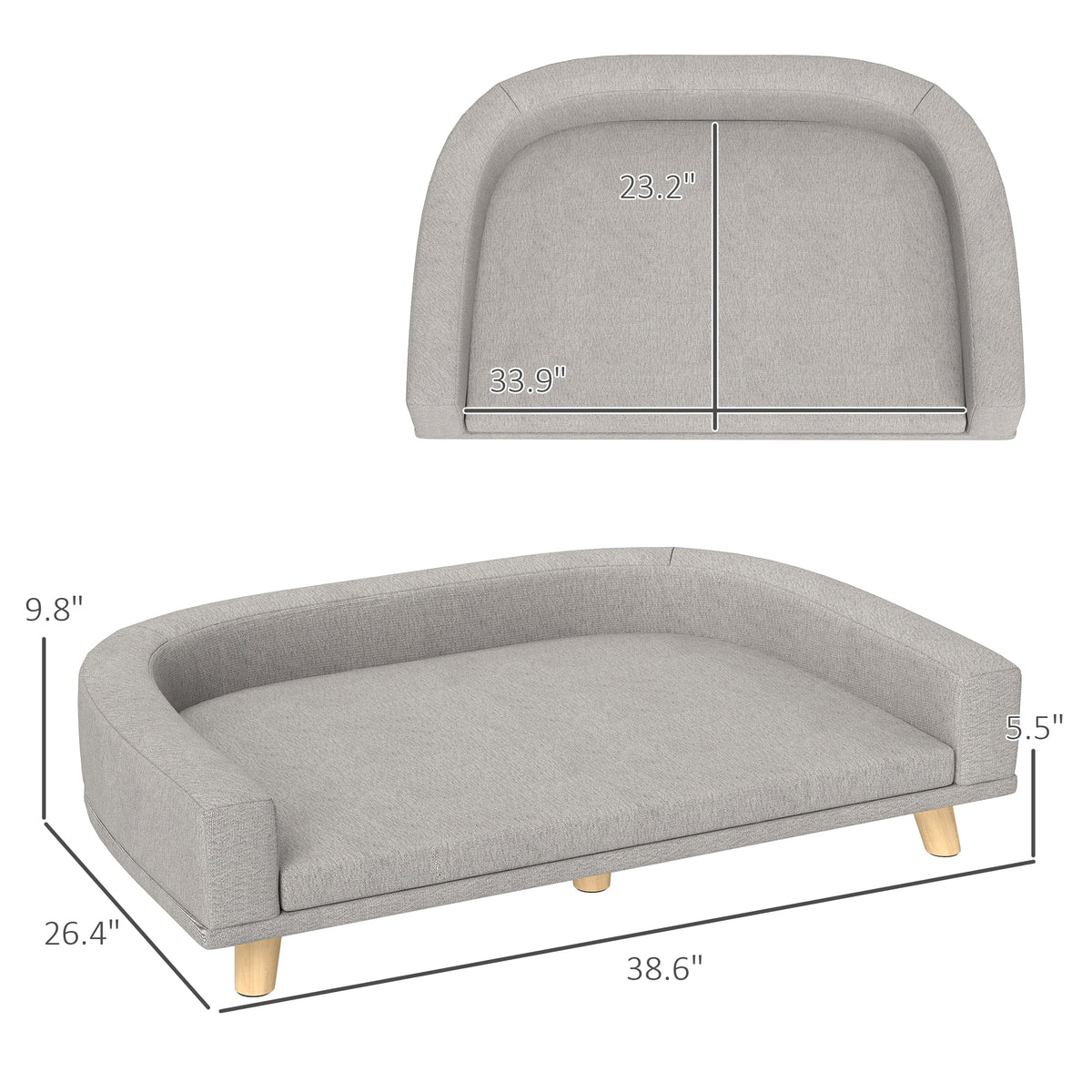 Grey elevated dog sofa with pine legs shown from a three-quarter angle