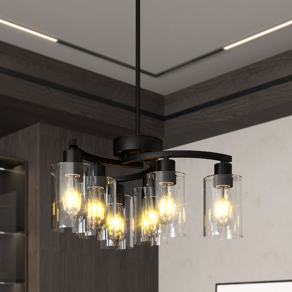 Six-light black chandelier with clear glass shades, view 8