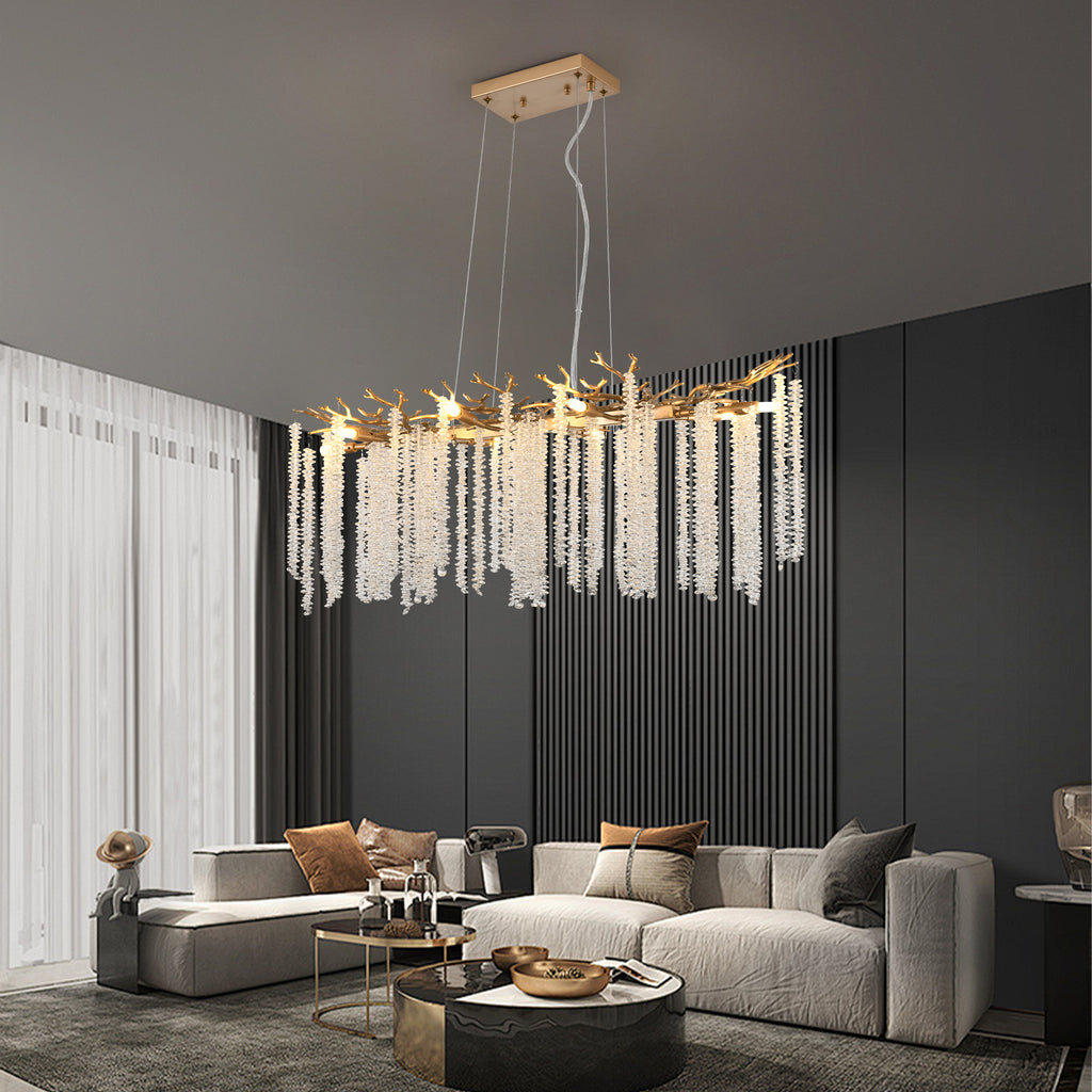 Gold rectangular chandelier with cascading crystal strands