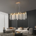 Gold rectangular chandelier with cascading crystal strands