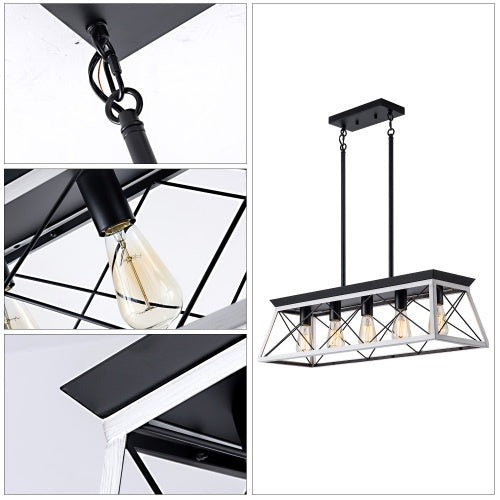 White and black five-light farmhouse chandelier over a dining table, view 8