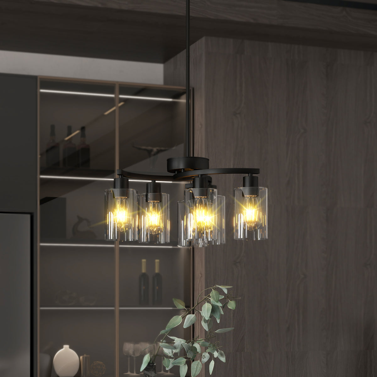 Six-light black chandelier with clear glass shades
