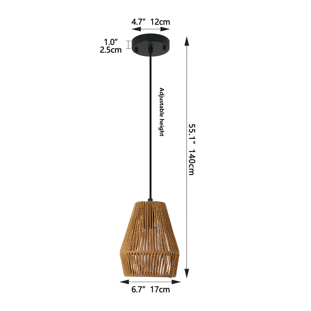 Set of three woven hemp rope pendant lights over a table, view 6