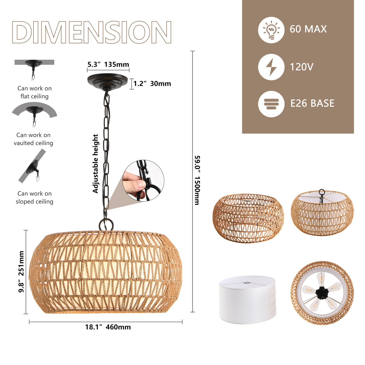 Woven jute rope farmhouse pendant light, view 7