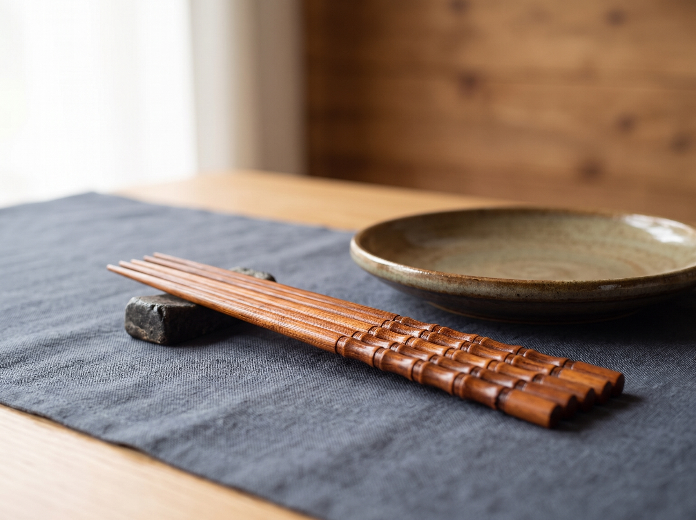 Fired bamboo chopsticks on a stone chopstick rest in a minimal dark place setting
