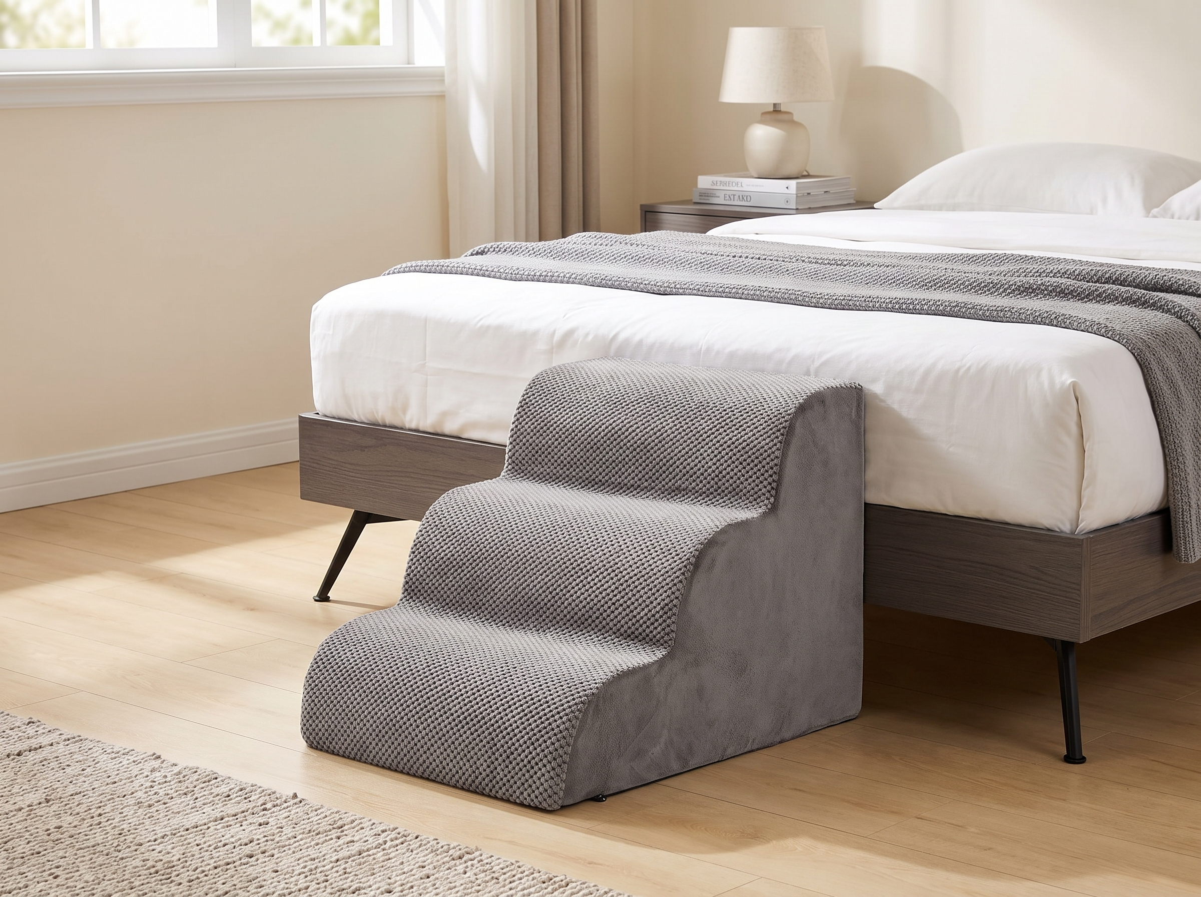 Curved high density foam pet staircase ramp beside a low bed in a calm neutral bedroom