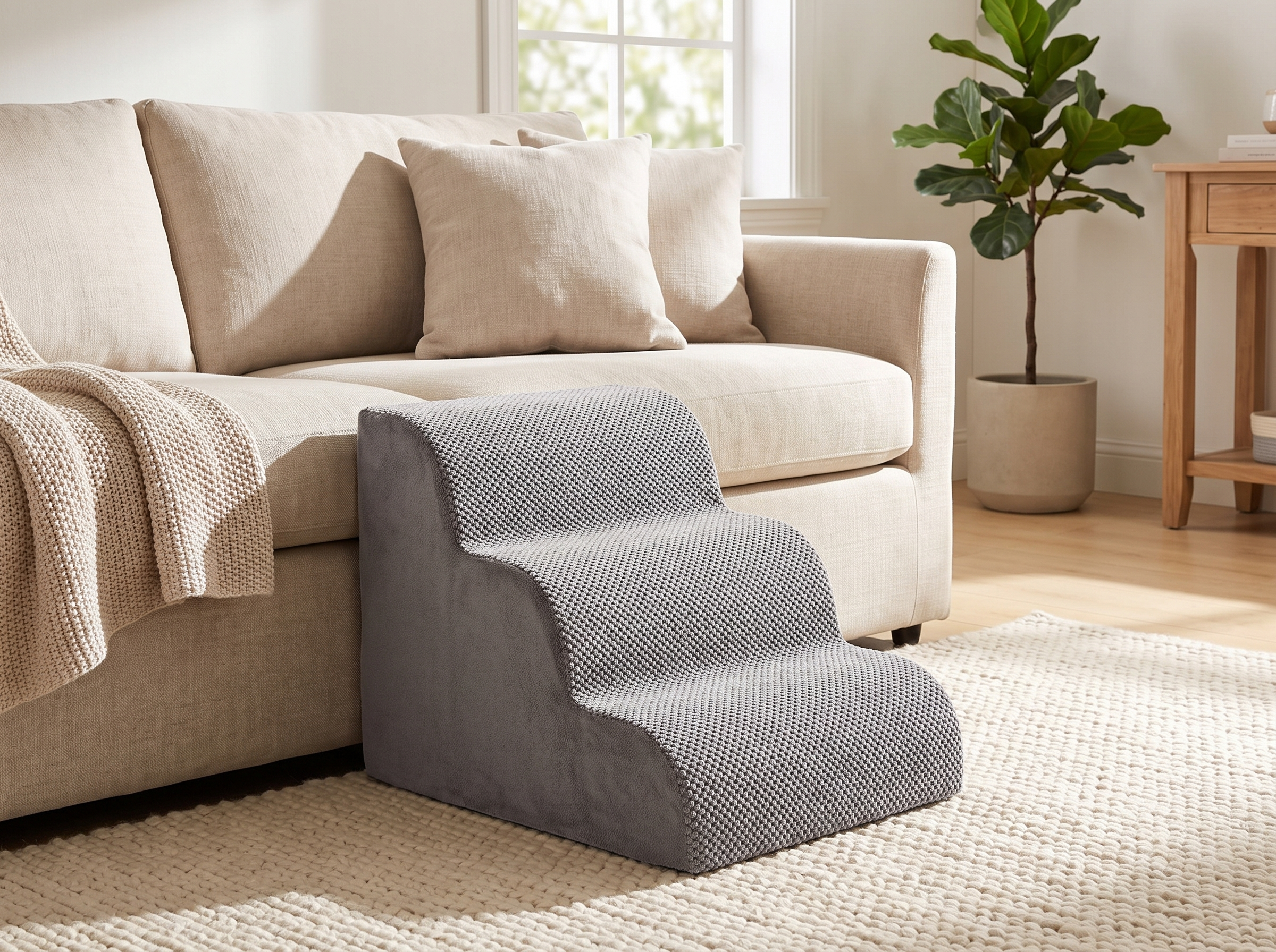 Foam pet ramp positioned against a linen sofa in a bright living room with a wool rug