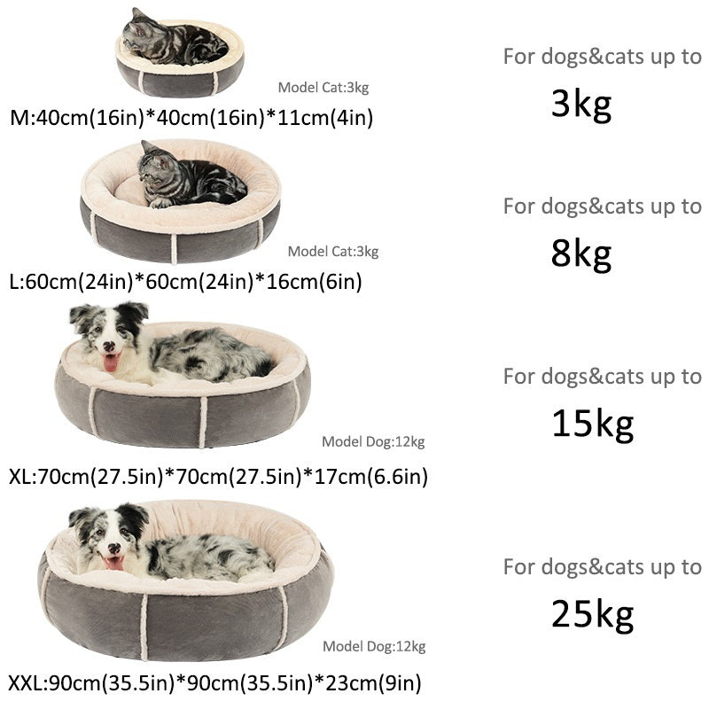 Size guide showing all four pet bed sizes with dimensions and weight limits
