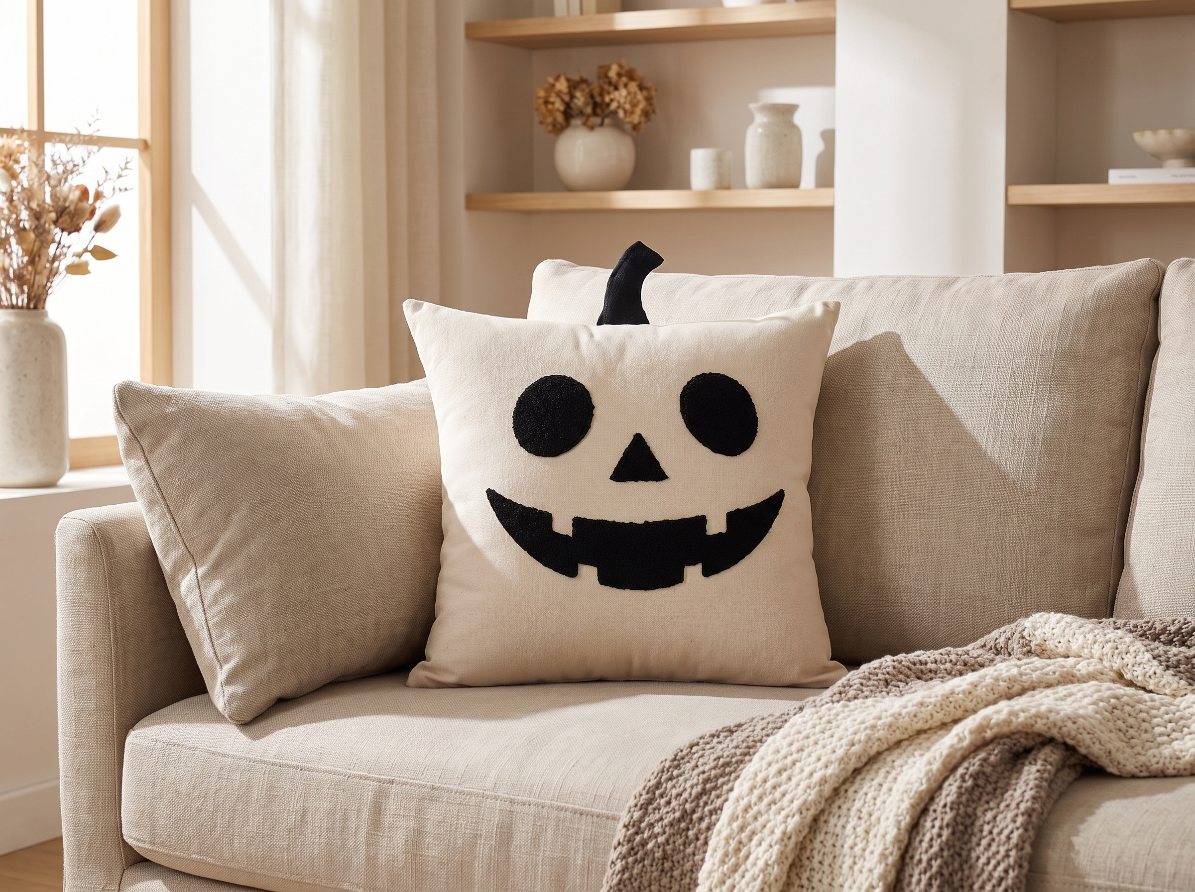 Halloween ghost magic hat patterned pillow cover on a cushion resting on a neutral linen sofa