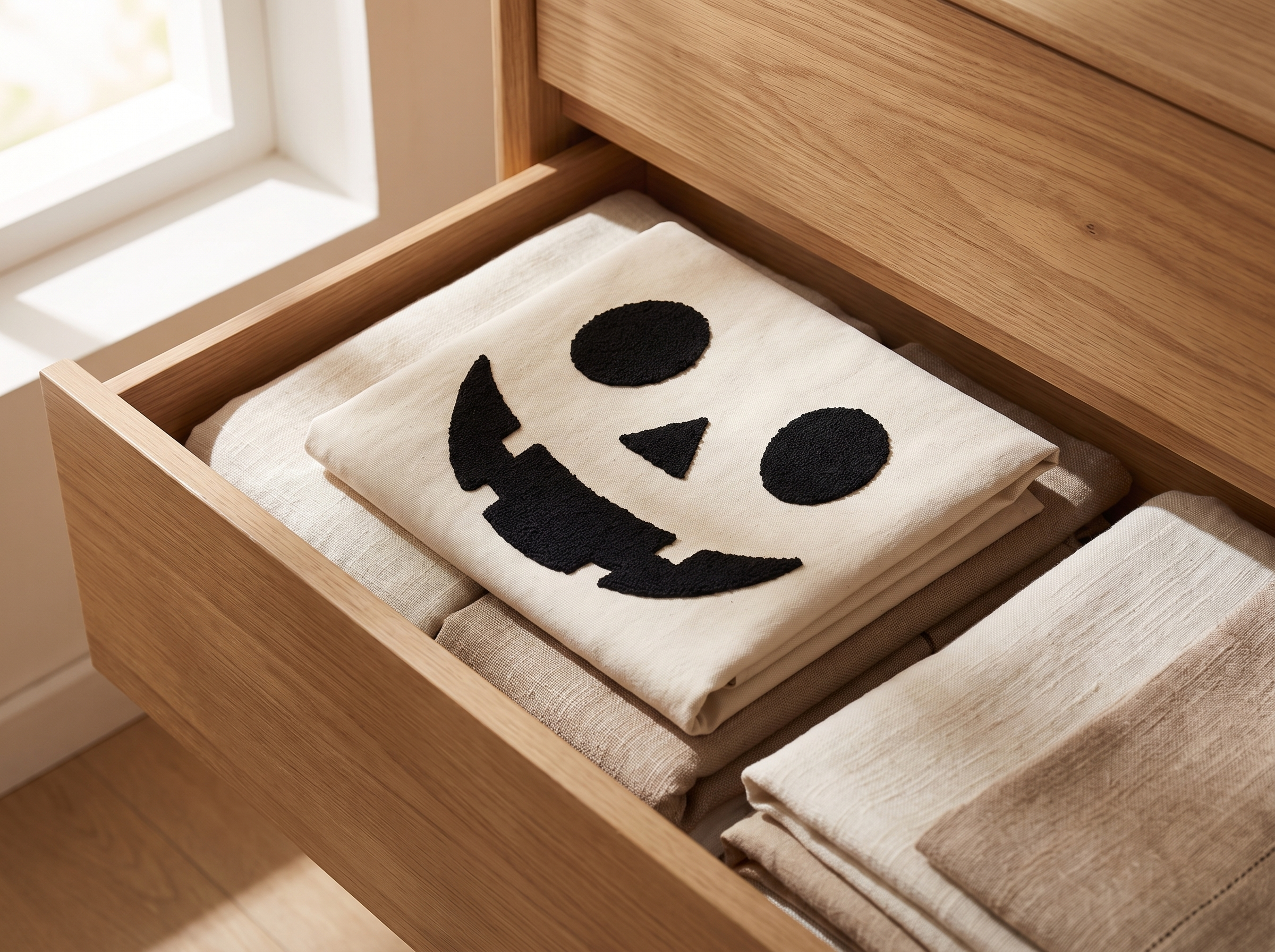 The folded halloween pillow cover placed in an open linen drawer beside neatly folded textiles