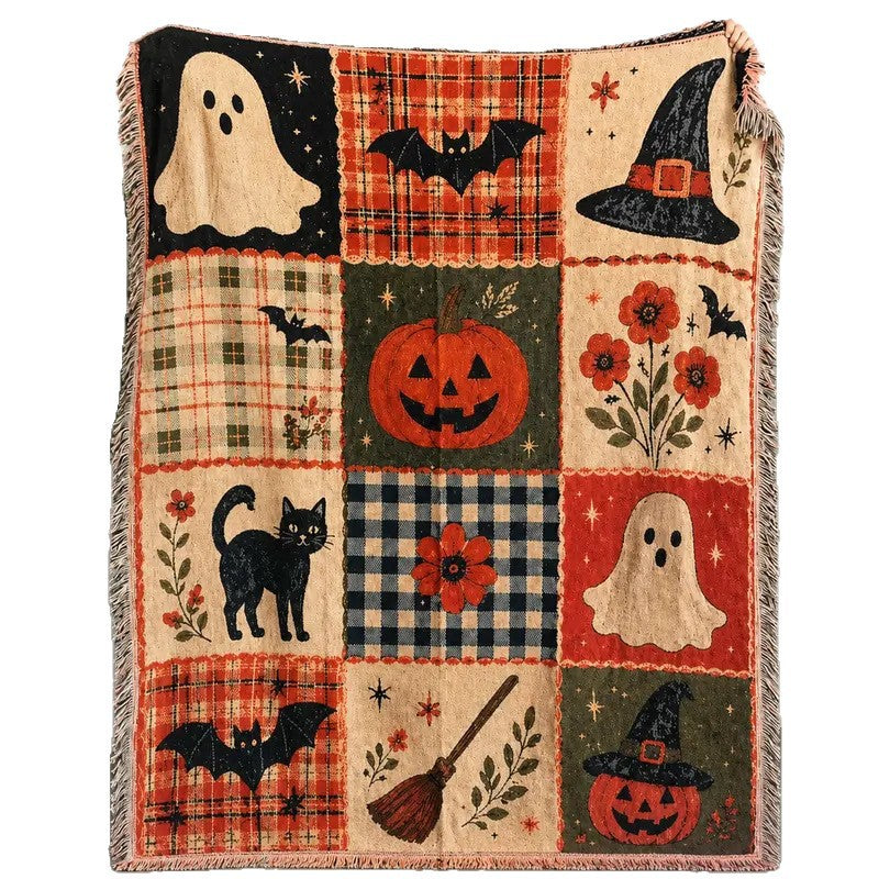 Halloween patchwork throw blanket laid flat showing the whole design