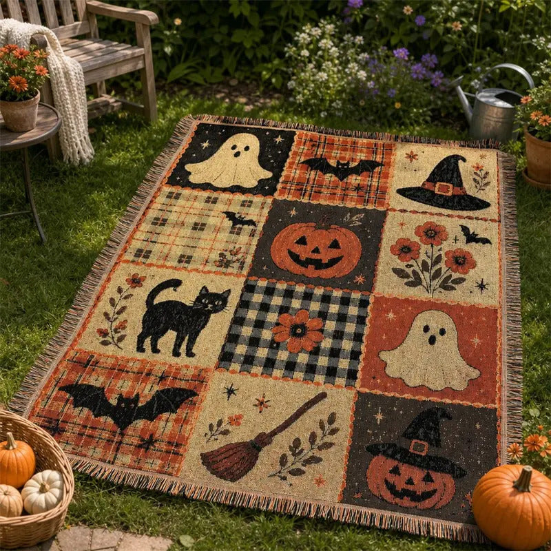 Close-up of the woven Halloween patchwork squares and plaid panels