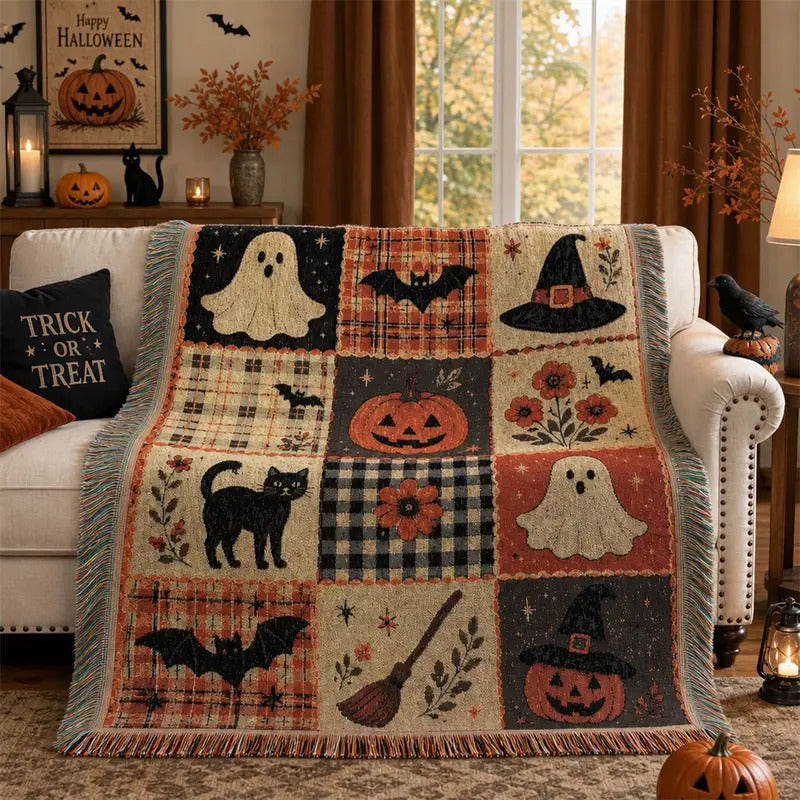 Halloween patchwork throw blanket draped over a living room sofa