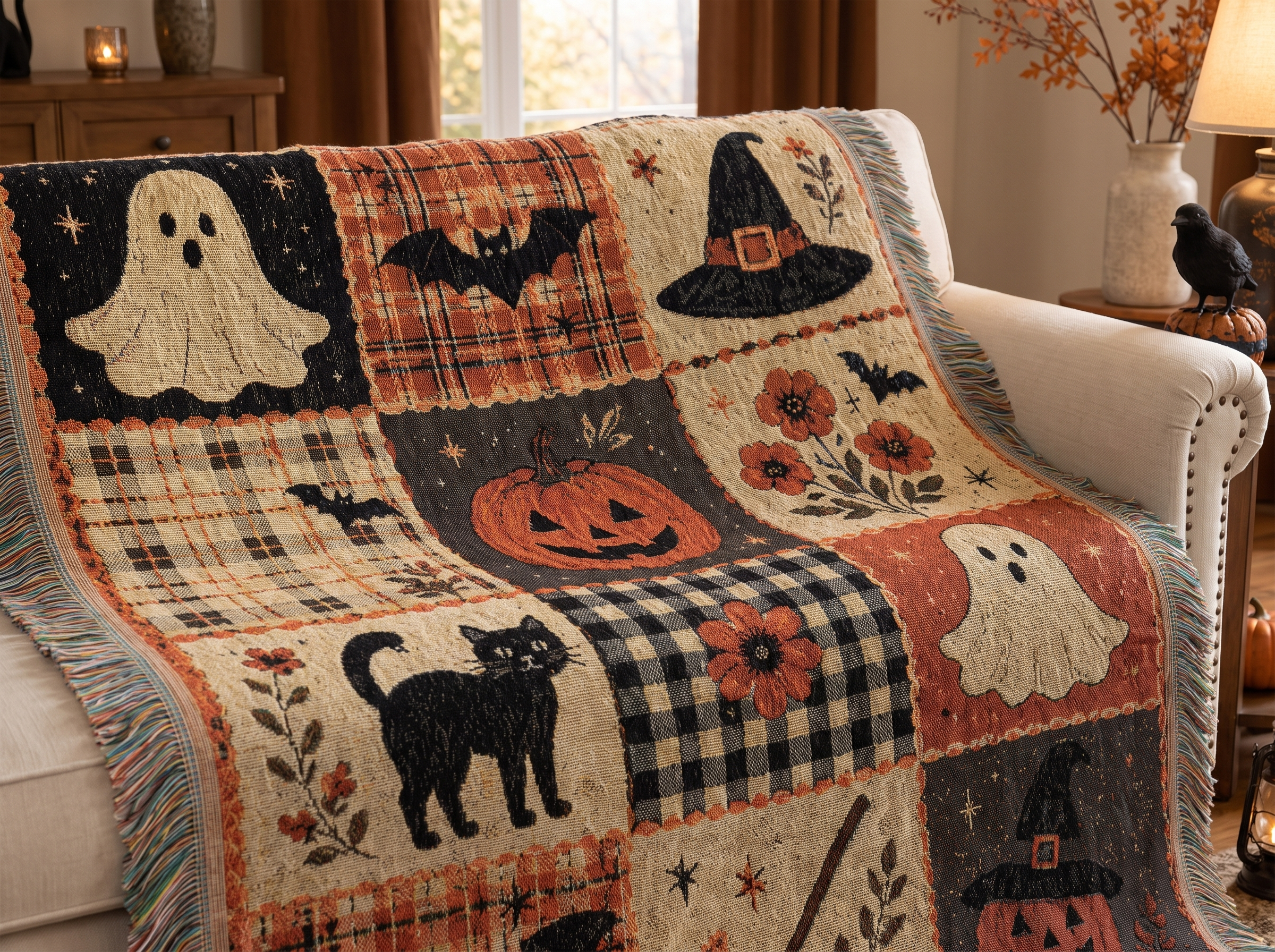 Close detail of the woven pumpkin and ghost cartoon pattern on the blanket fabric in soft daylight