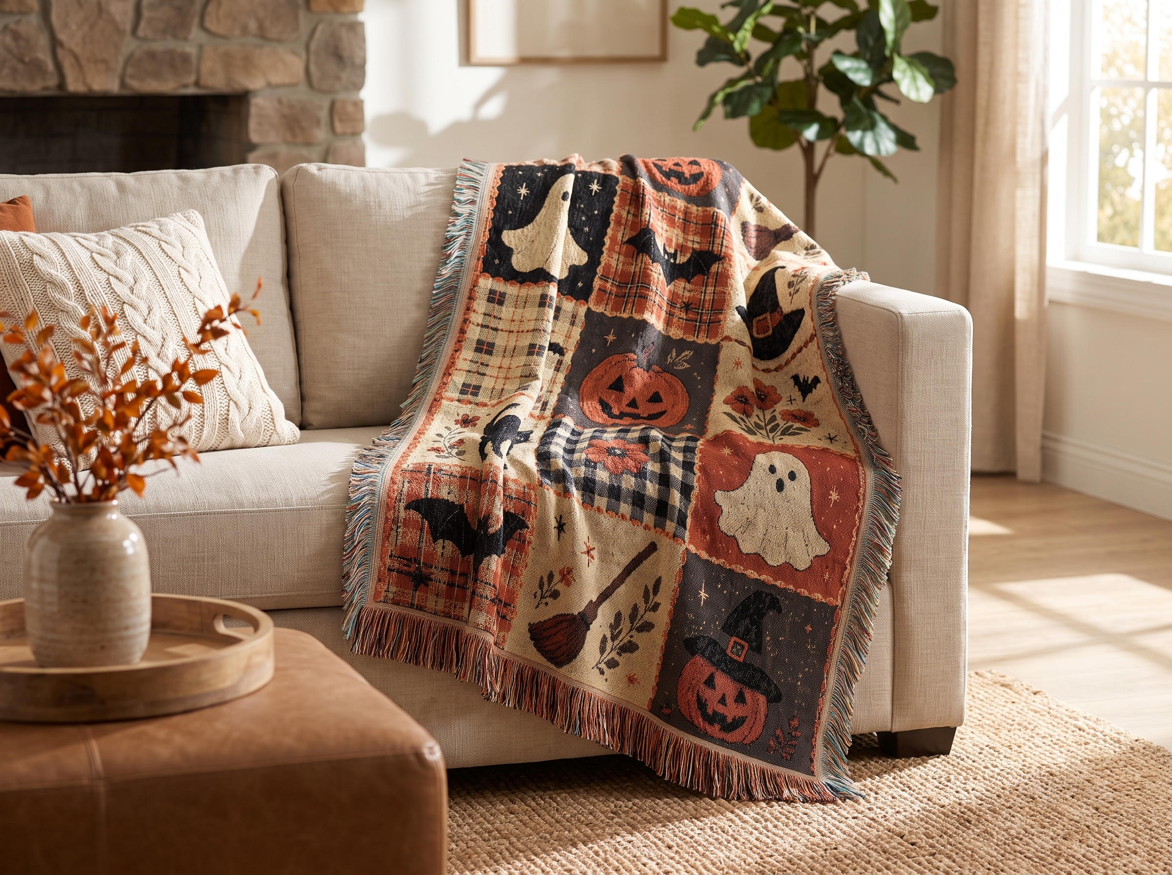 Halloween pumpkin ghost patterned throw blanket draped over a neutral sofa arm in a warm living room