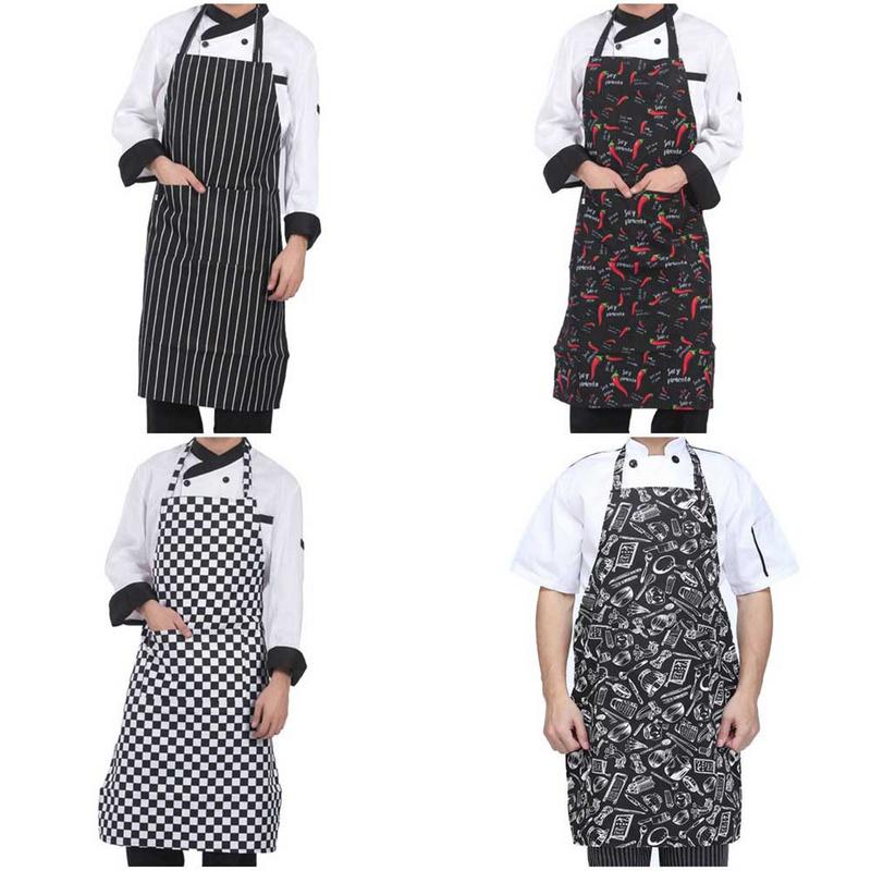 All four halter apron prints shown together: stripe, check, chilli, tableware