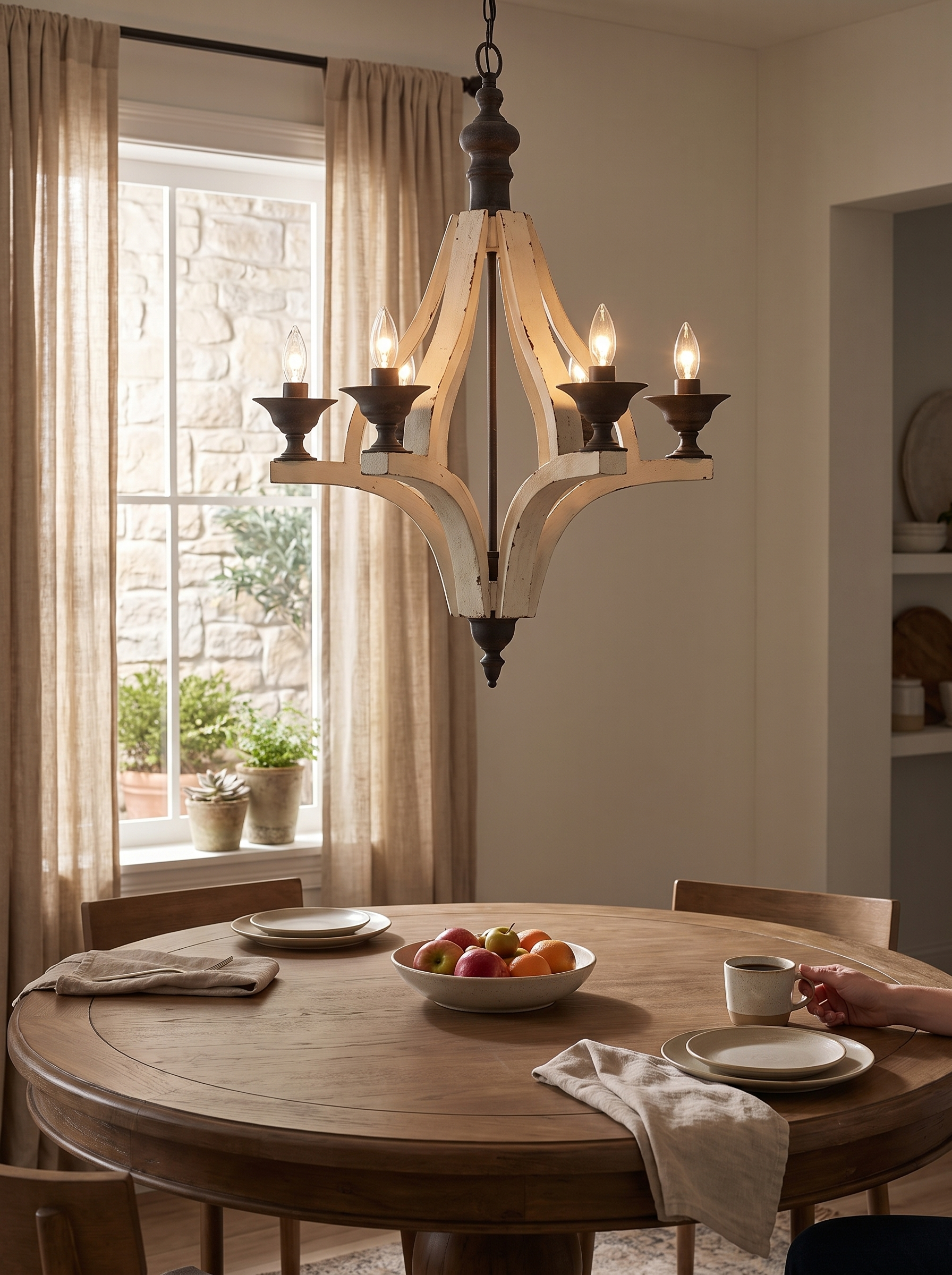 Cream Wood Six Light Chandelier lifestyle 2