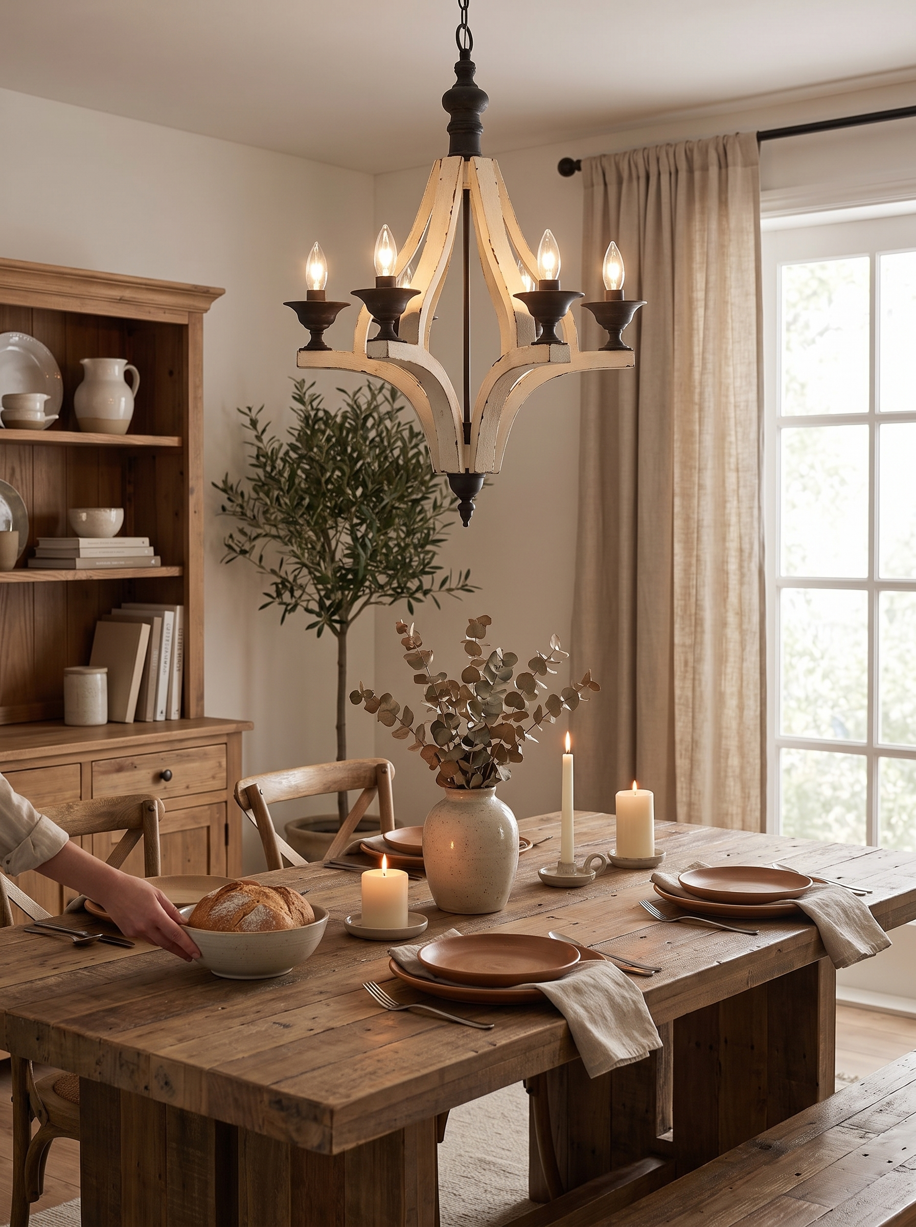 Cream Wood Six-Light Chandelier lifestyle 1