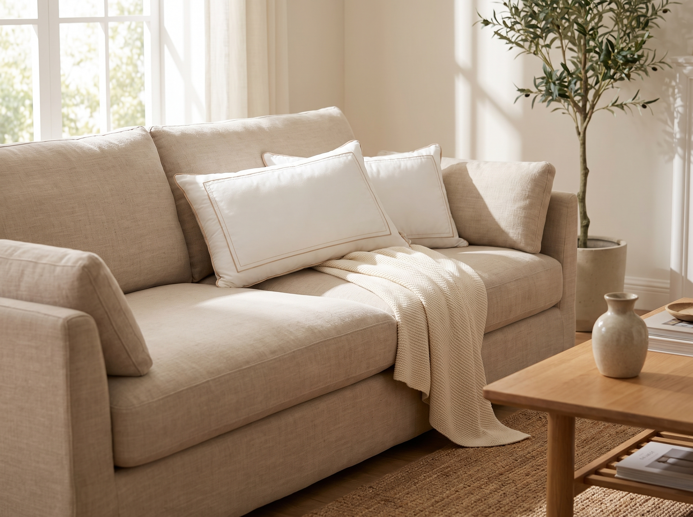 Two white pillows arranged on a linen sofa with a folded throw in a sunlit living room