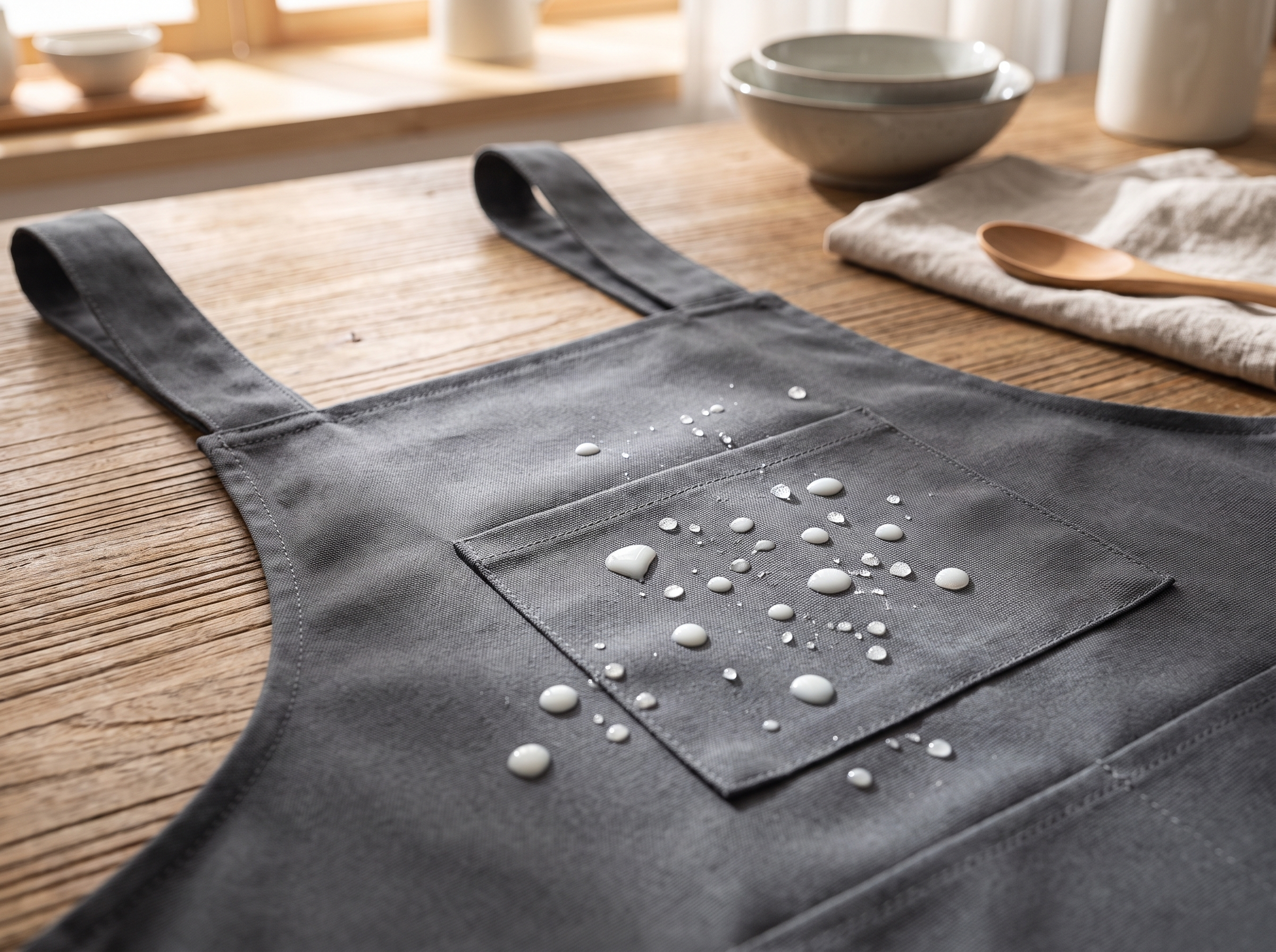 Close detail of milk droplets beading on the apron fabric surface under soft daylight
