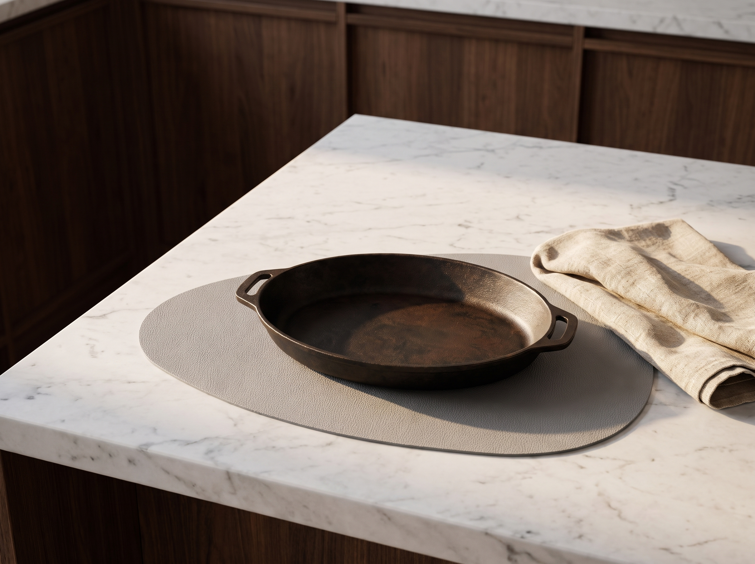 Waterproof leather placemat on a marble kitchen island holding a hot cast iron serving dish
