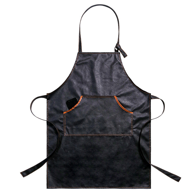 Black breathable leather apron with perforated panel and front pocket