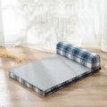 Blue check linen dog sofa bed with a single back bolster