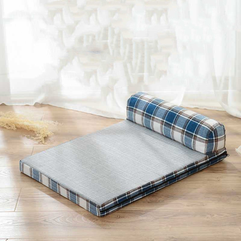 Blue check linen dog sofa bed with a single back bolster