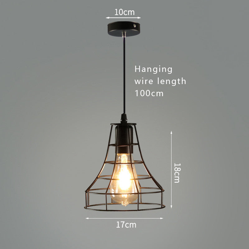Cone shaped funnel cage pendant light with exposed Edison bulb