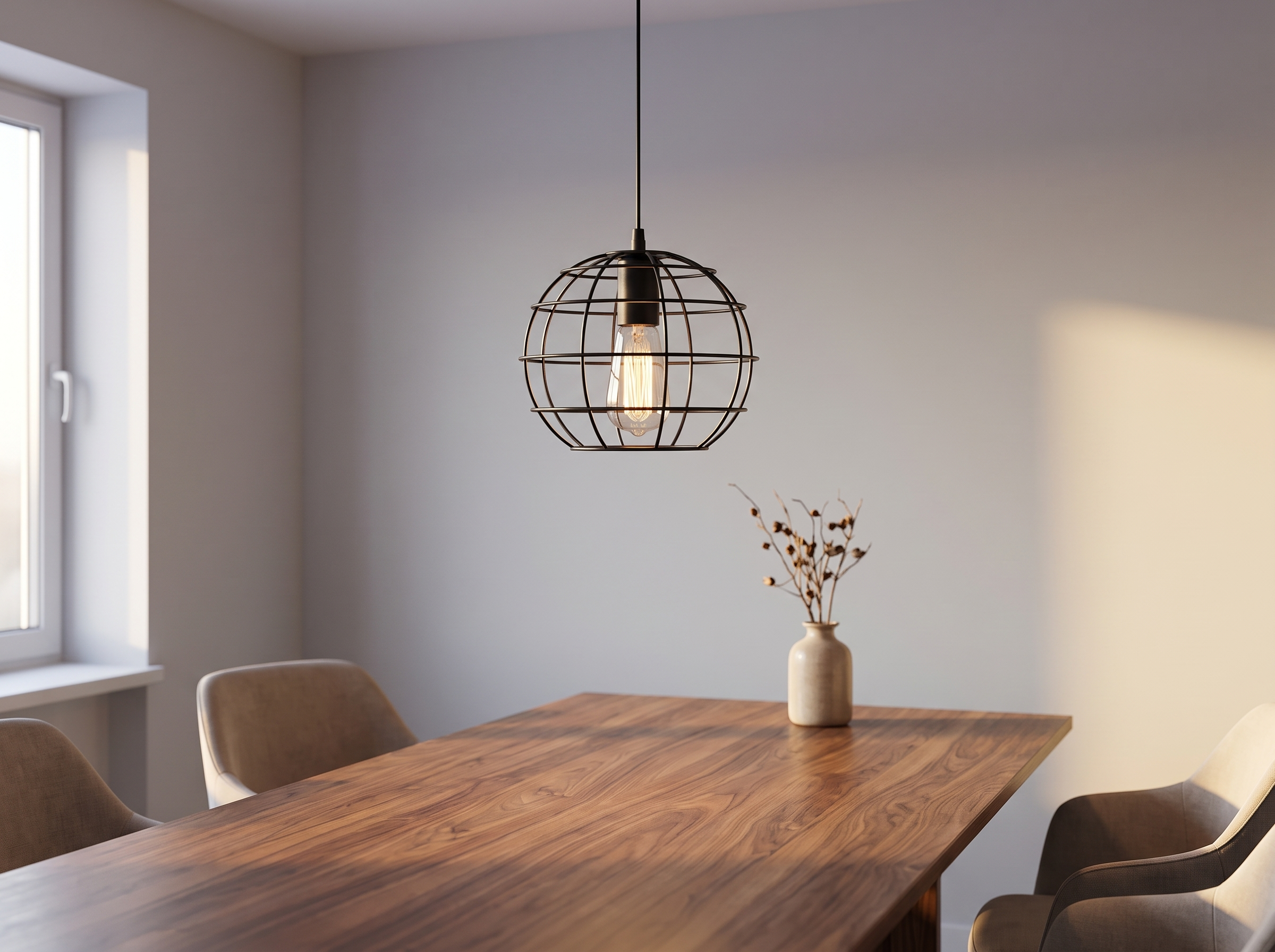 Single nordic wrought iron pendant lamp hanging over a walnut dining table in a minimalist room at dusk