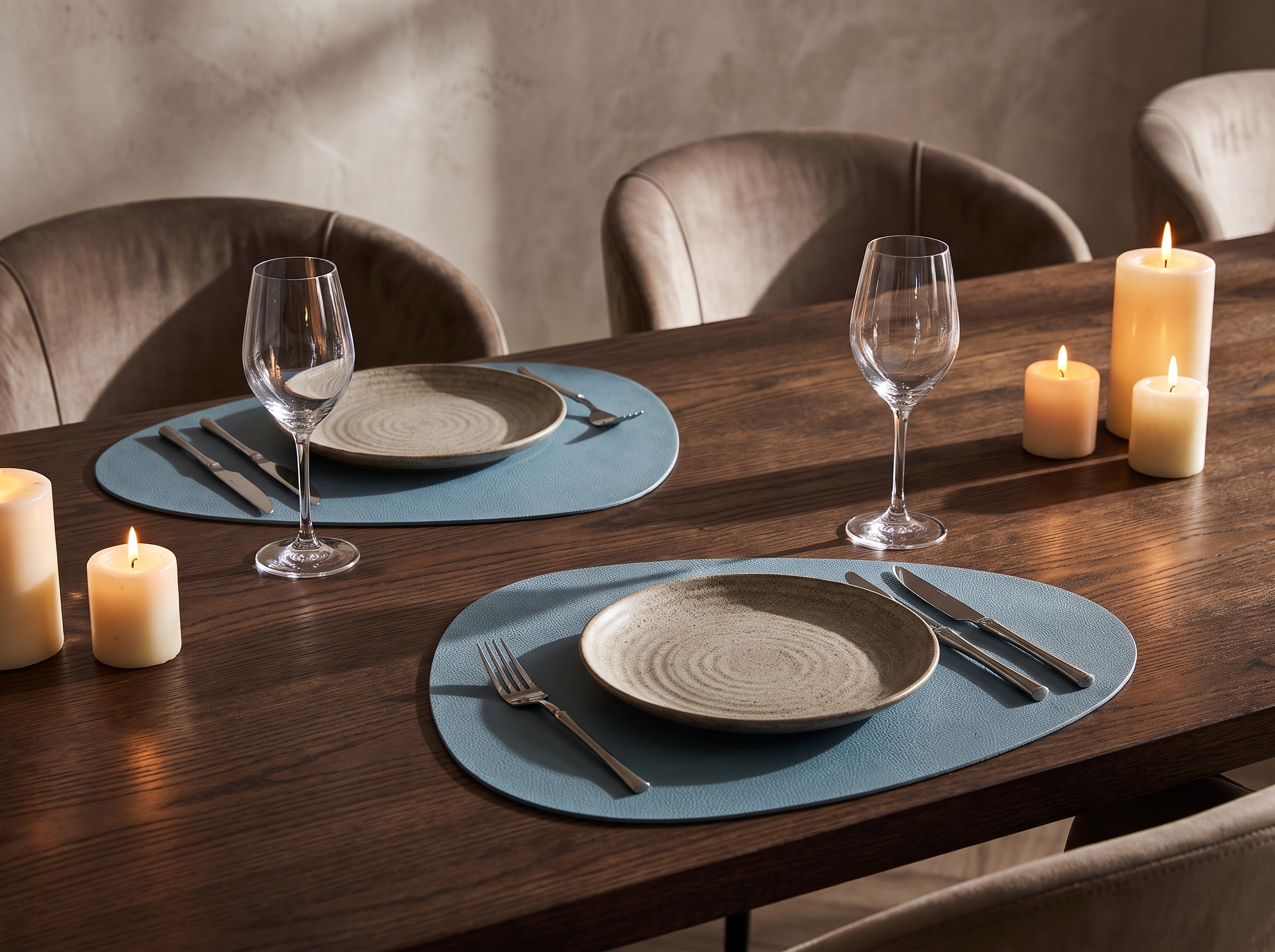 Oval PU leather placemats set on a dark dining table with plates and glassware in evening light