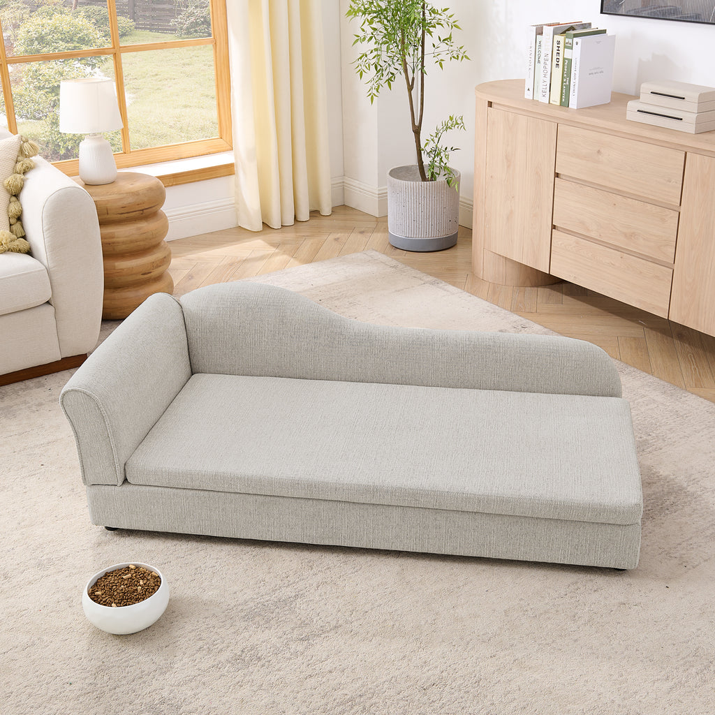 Beige linen pet sofa styled in a bright modern living room