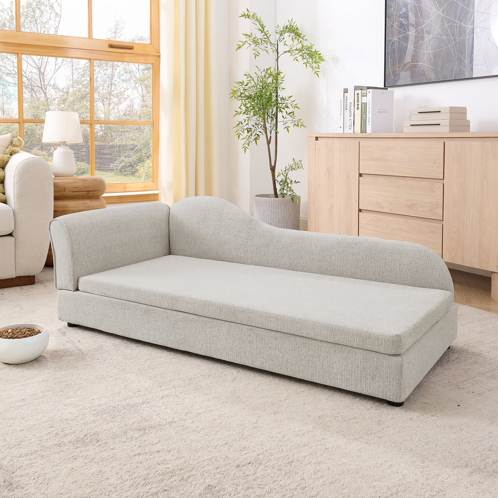 Beige linen pet sofa with wave backrest on a plain background