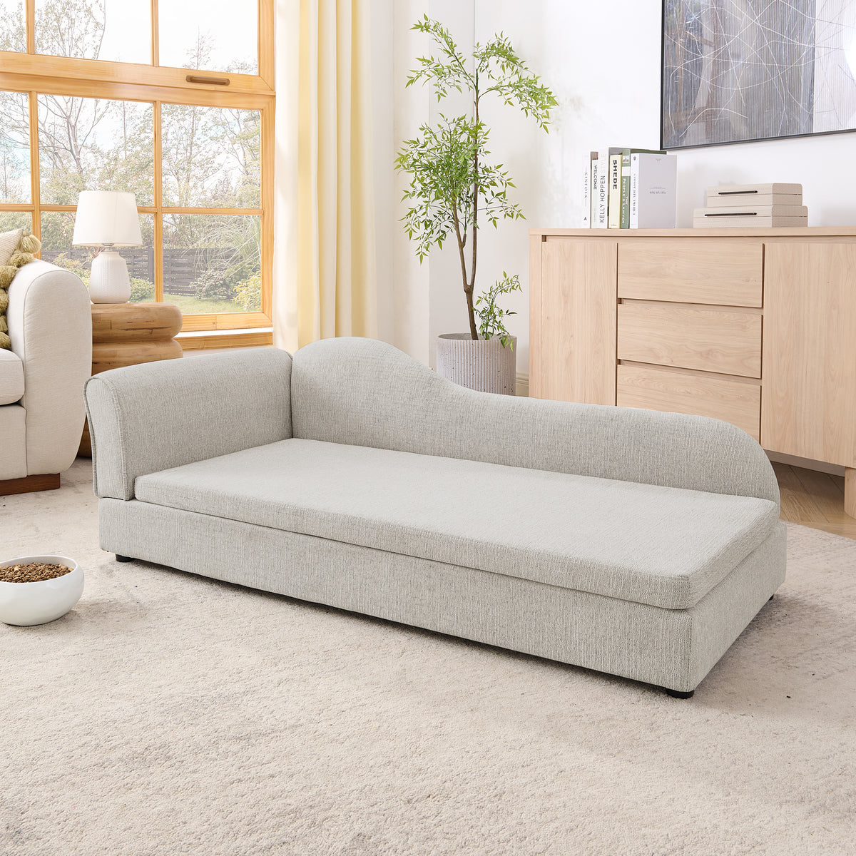 Beige linen pet sofa with wave backrest on a plain background